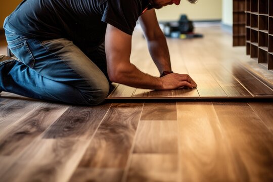 Male construction worker installing laminate timber flooring in new flat. Home renovation concept.