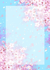 桜と青空の背景素材　枠　桜吹雪　お花見　入学　卒業　入園　卒園　入社　ひな祭り　雛祭り　縦長