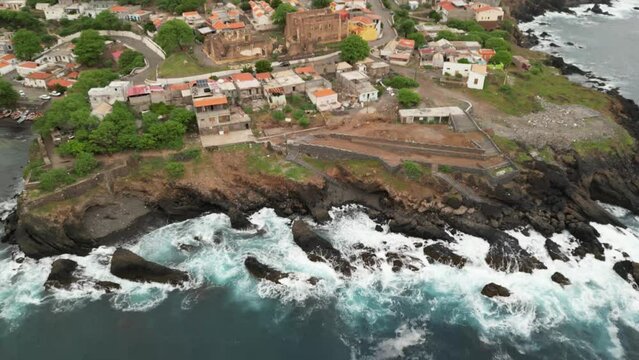 Revealed Cidade Velha City On The Island of Santiago, Cape Verde, West Africa. Aerial Tilt-up