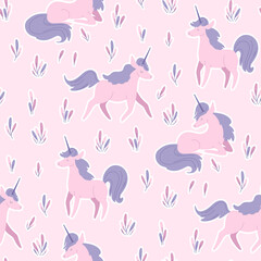 Seamless pattern magical pink unicorns in forest