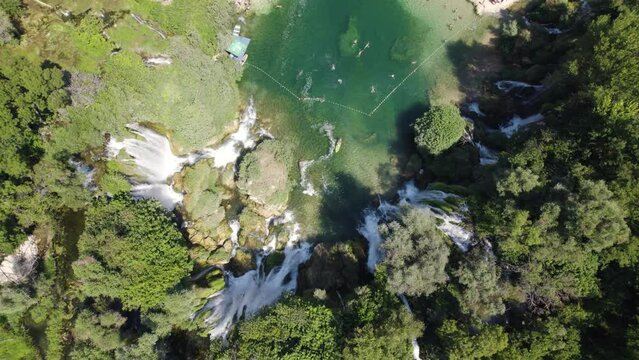 Kravica Waterfall from above in Bosnia. Aerial topview