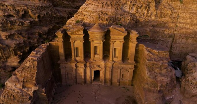 Aerial View Of Ad Deir Monastery At Dusk In Petra, Jordan.