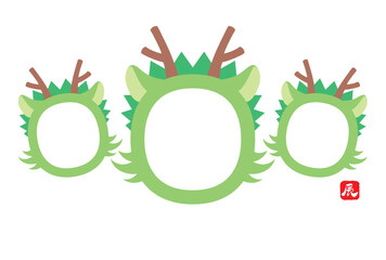 3頭の竜の顔のフォトフレームイラスト（文字なし）【年賀状テンプレート（辰年）】