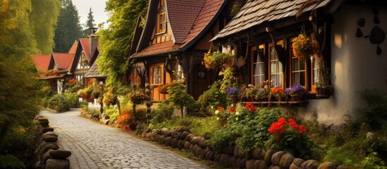Czech fairy-tale homes with wooden houses, flowers, and Baba Yaga. - obrazy, fototapety, plakaty