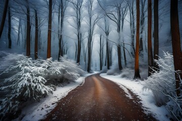 Beautiful scenery of a pathway in a forest with trees covered with frost