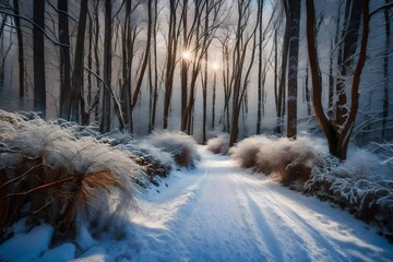 Beautiful scenery of a pathway in a forest with trees covered with frost