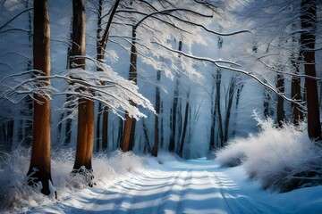 Beautiful scenery of a pathway in a forest with trees covered with frost