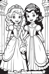 cute cartoon princess drawing for coloring hand drawn illustration