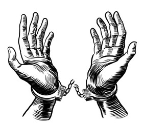 Hand in handcuffs. Hand-drawn black and white illustration