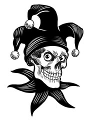 Jester skull in hat. Hand-drawn black and white illustration