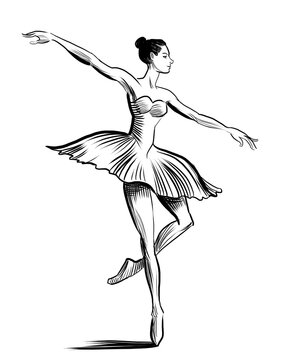 Dancing ballerina. Hand-drawn black and white illustration