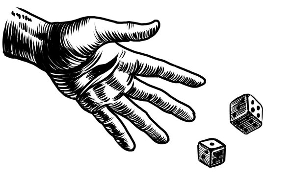 Hand throwing dice. Hand-drawn black and white illustration