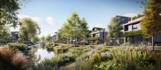Eco-friendly residential area in Silvolde, Netherlands built on a former factory site in 2023. Developed by MIX Architecture with landscape design by Nico Wissing studio. - obrazy, fototapety, plakaty