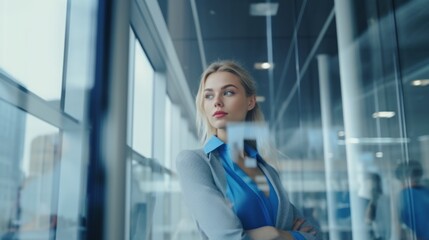 Low angle wideshot young smart clever of business people portrait standing in high rise interior office business casual ideas sharing strategy vision goal business ideas concept