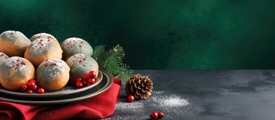 Christmas baking of poppy baked goods on a green plate over gray concrete.