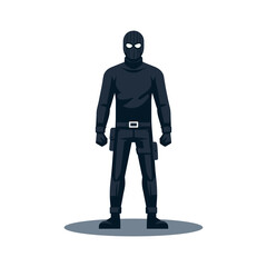 Mysterious man in black outfit and ski mask flat design vector illustration.