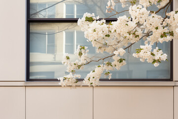 Urban Blossom: Utilize a prime lens for a simple, close-up shot of a single window adorned with a minimalistic arrangement of spring flowers.