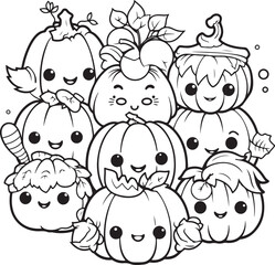 hand drawn cute pumpkin halloween coloring page illustration
