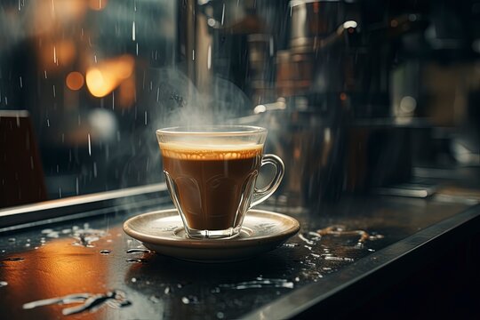 Capturing the essence of a rainy day: indulge in a cup of hot coffee in a charming coffee shop setting, where warmth meets the soothing sound of rain.