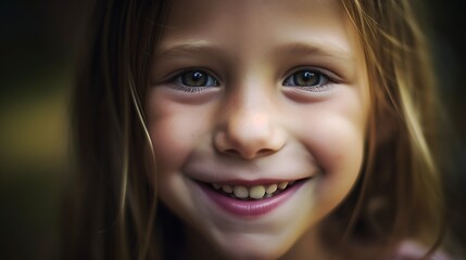 front view, close up of portrait. A delightful school age little girl with long hair is happily smiling towards the camera.