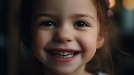Close up, front view of an adorable preschool girl is smiling happily in front of the camera.