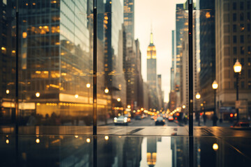 Fototapeta premium Reflections of Time: Play with a wide aperture lens to capture the cityscape reflections in the windows, creating a bokeh effect. 