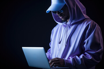 Man wearing purple hoodie using laptop. Perfect for technology and remote work concepts.