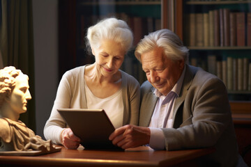 Man and woman are seen looking at tablet computer. This image can be used to represent technology, communication, and teamwork.