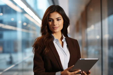 Woman dressed in business suit holding tablet. Suitable for corporate and technology related content.