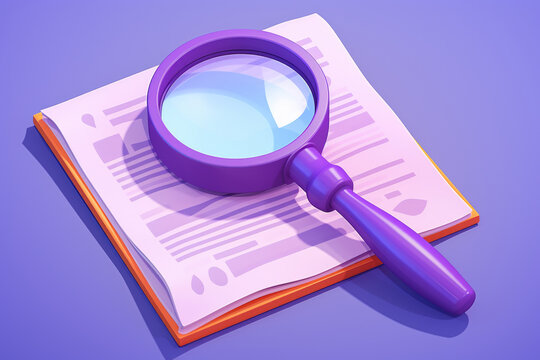 Magnifying glass resting on top of open book. This image can be used to represent research, studying, or investigation.