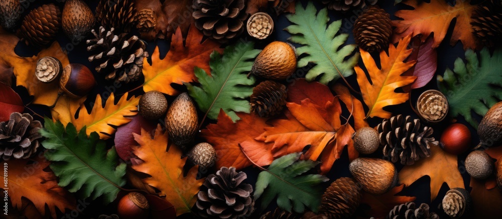 Canvas Prints Fall arrangement of acorns, foliage, and cones. Flat lay.