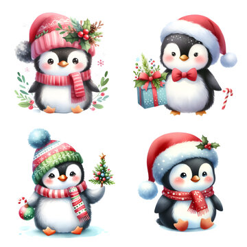 Cute Christmas penguin mascot. Happy penguins characters celebrate New Year, decorate xmas tree and give gifts. Winter holidays vector illustration set of penguin cute, winter holiday funny