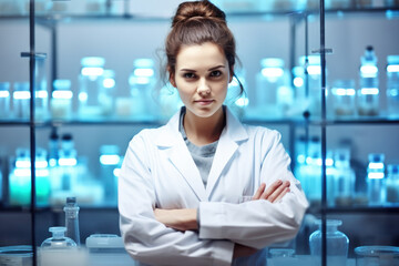 Fototapeta premium Professional woman wearing lab coat stands in front of glass case. This image can be used to represent scientist, researcher, or professional in laboratory setting.