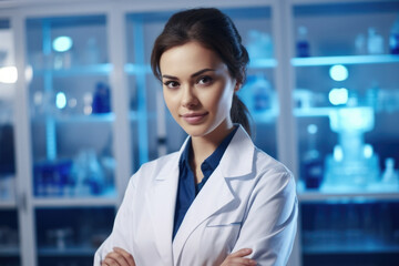 Fototapeta premium Woman wearing lab coat stands with her arms crossed. Suitable for scientific research, laboratory work, and professional settings.