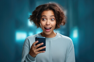 Fototapeta premium Woman with surprised expression holding cell phone. Perfect for illustrating shock, surprise, or communication concepts.