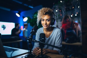 a young female social media influencer or video and photo media content creator sitting in front of the microphone in a recording studio preparing a podcast or editing a video material