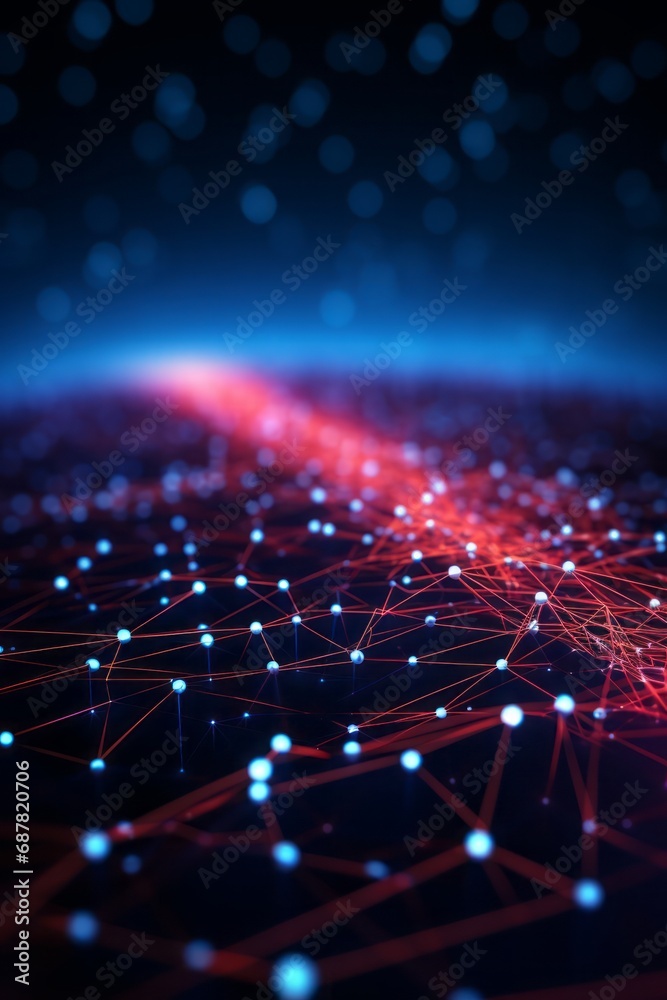 Poster Music wave of particles and lines. Big data visualization. Abstract blue background with a dynamic wave. 3d rendering.