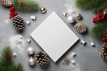 White card surrounded by Christmas decorations and pine cones. Can be used for holiday greetings or invitations.
