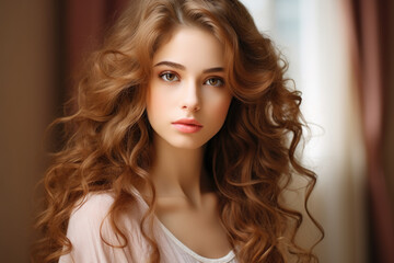 Fototapeta premium Stunning young woman with gorgeous long curly hair. Perfect for beauty and fashion related projects.