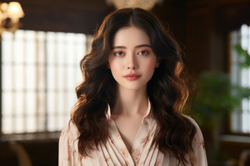 Woman with long hair wearing robe. Suitable for fashion or beauty-related projects.