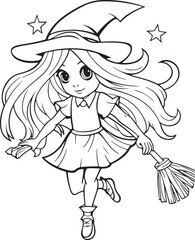 halloween witch hand drawn coloring page illustration