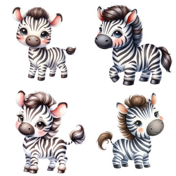cute baby zebra watercolor clipart illustration with isolated background