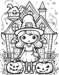 halloween witch hand drawn coloring page illustration