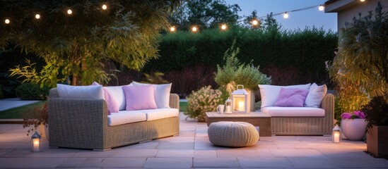 Evening patio with pastel outdoor furniture and plants. Modern garden lounge. - obrazy, fototapety, plakaty