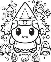 halloween witch hand drawn coloring page illustration