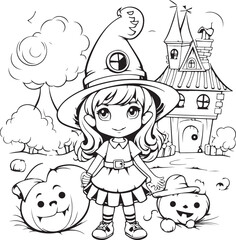 halloween witch hand drawn coloring page illustration