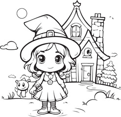 halloween witch hand drawn coloring page illustration