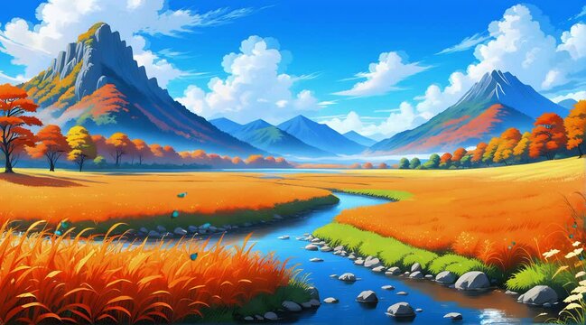 Landscpae autumn with mountain and river, seamless looping video background animation