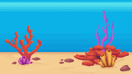 Fototapeta na wymiar Pixel art underwater background for game or mobile app. Seafloor with corals and algae vector illustration. Seamless when docked horizontally.