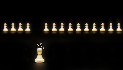 Brain and ideas can make different concept, Chess pawn with crown become a king and standing out...